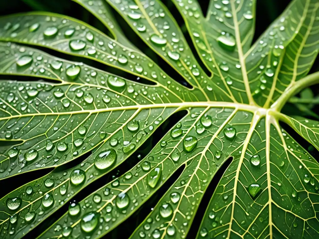 Una hoja verde vibrante con gotas de agua, refleja la luz solar