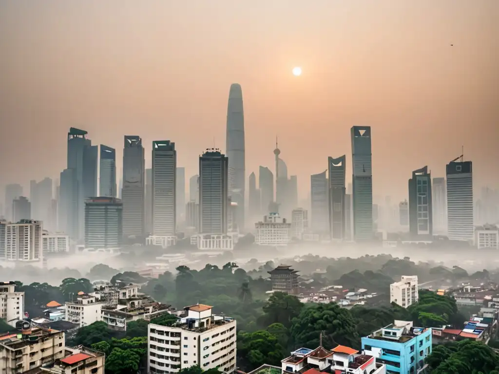 Horizonte de ciudad asiática con smog al atardecer, mostrando la influencia de la legislación ambiental y las inversiones en Asia