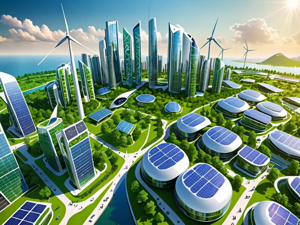 Horizonte de ciudad futurista sostenible con edificios ecológicos, energía renovable y naturaleza exuberante