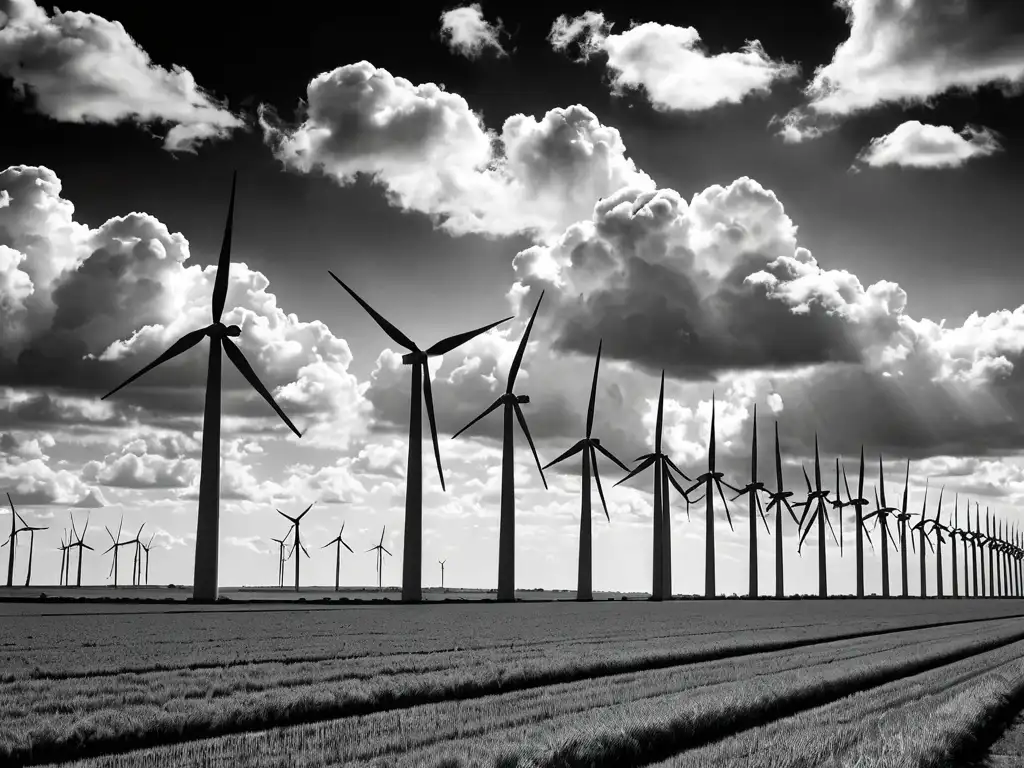 Horizonte con molinos de viento gigantes bajo un cielo dramático, simbolizando la legislación energía eólica cambio climático