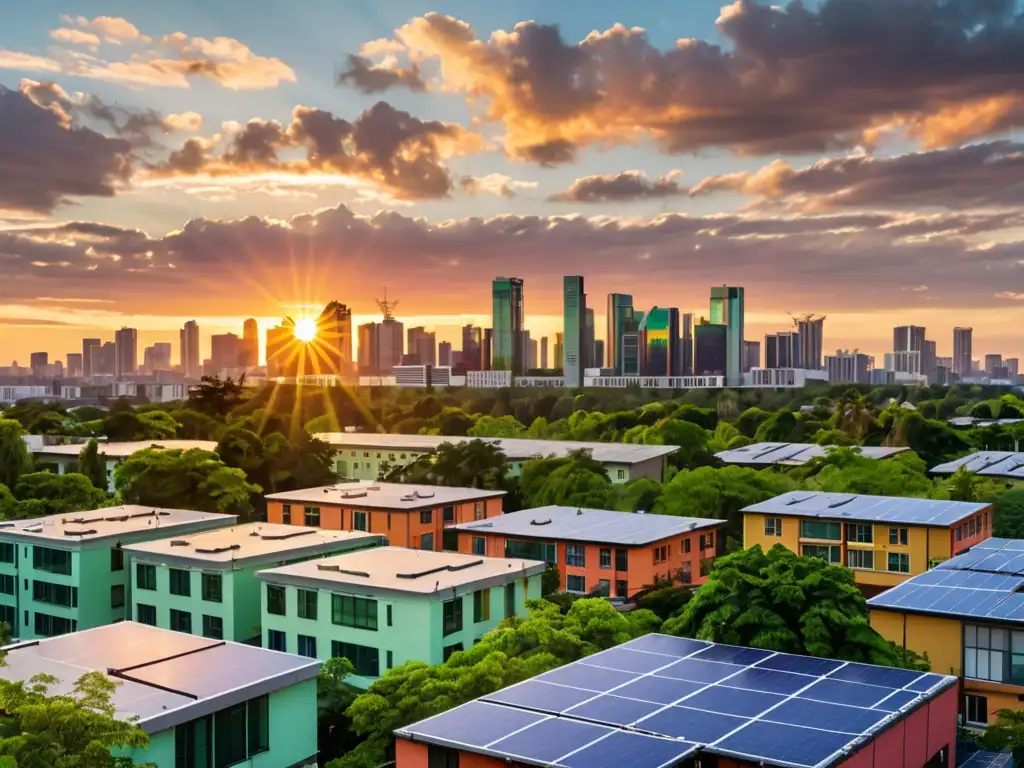 Horizonte urbano al atardecer con edificios modernos iluminados por cálida luz, rodeados de vegetación y paneles solares