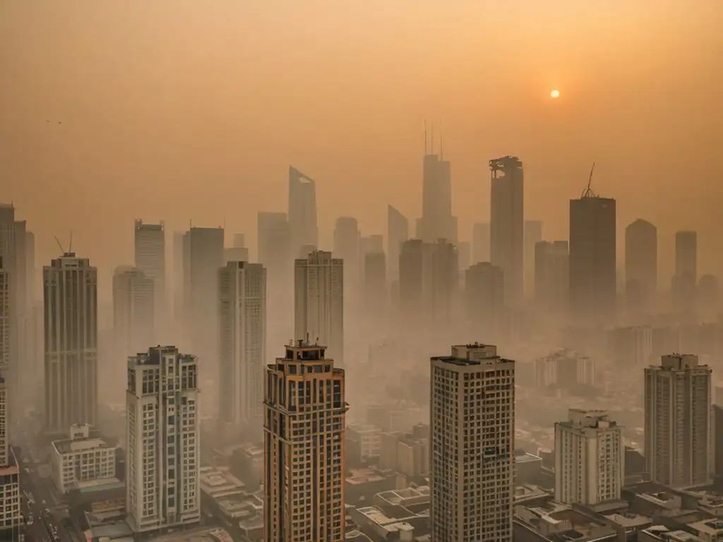 Horizonte urbano envuelto en smog, con rascacielos y montañas lejanas apenas visibles