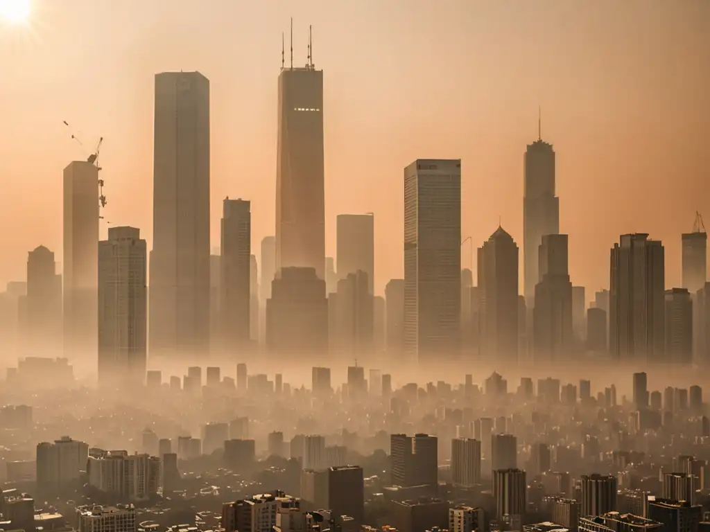 Horizonte urbano envuelto en smog, edificios parcialmente ocultos por la neblina