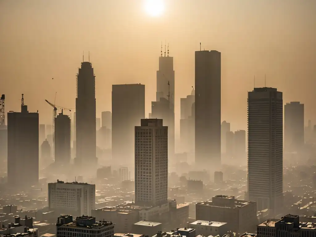 Un horizonte urbano envuelto en smog, con el sol luchando por filtrarse a través de la bruma tóxica