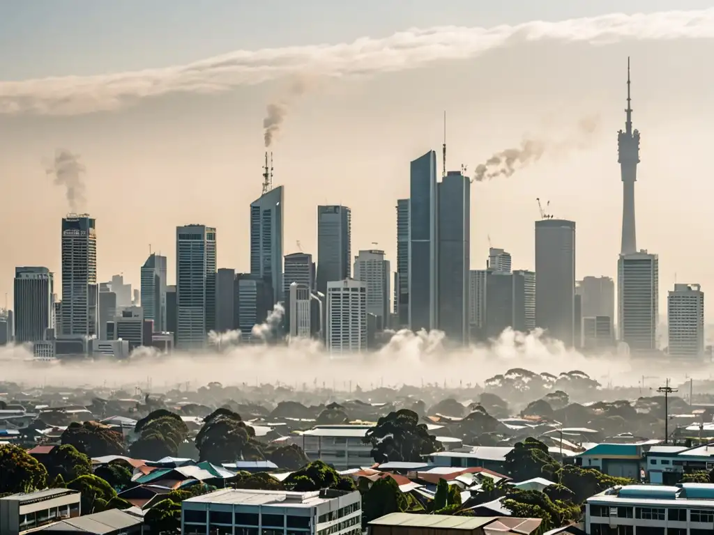 Horizonte urbano de Oceanía con smog, destacando la contaminación del aire