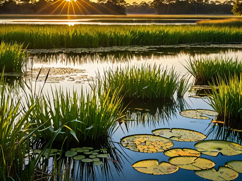 Humedal exuberante al atardecer, reflejando la diversidad de plantas y la tranquilidad del agua