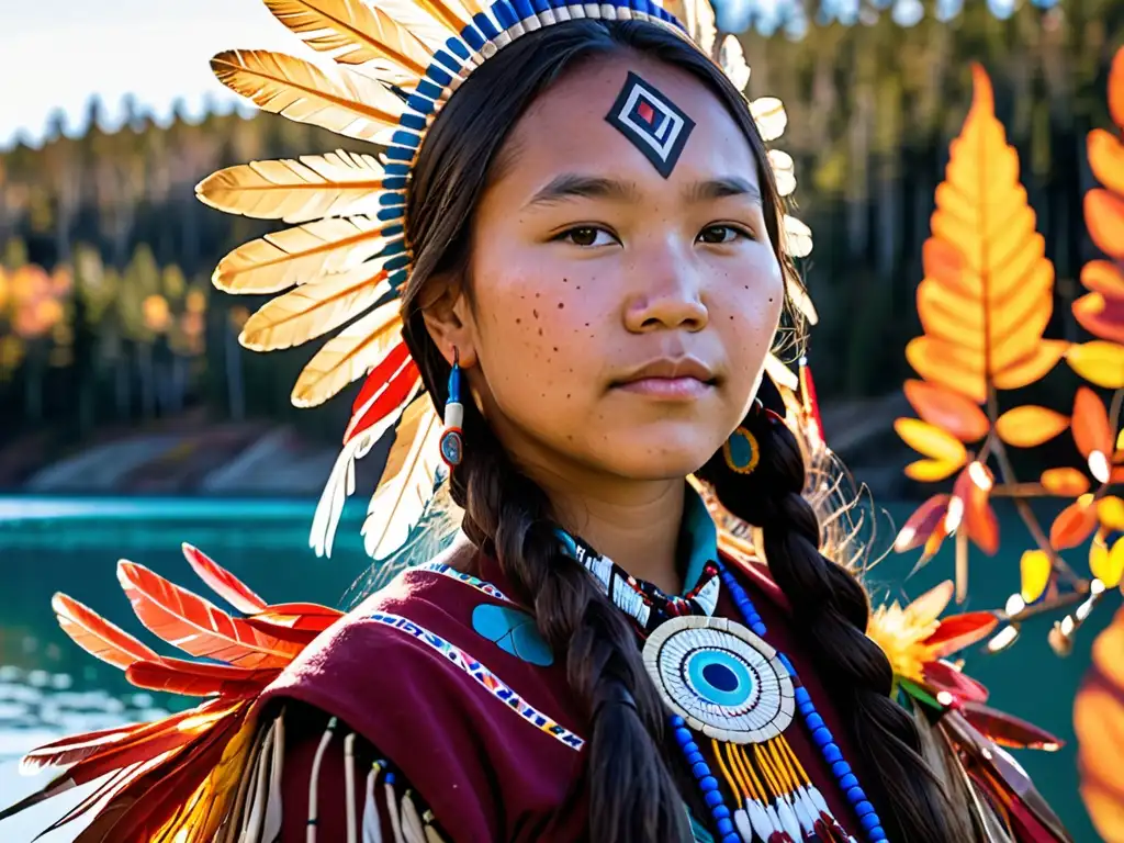 Imagen de Autumn Peltier, activista indígena, en regalia tradicional frente a un lago azul brillante rodeado de follaje otoñal