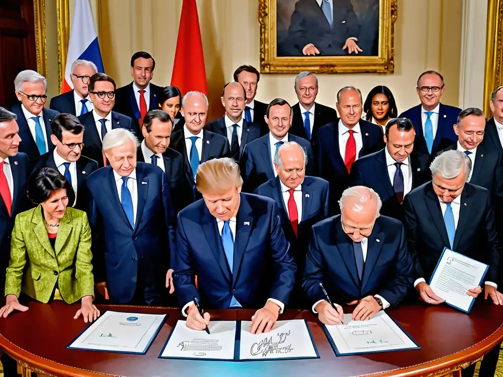Imagen de Acuerdos internacionales energías renovables: líderes mundiales firmando el Acuerdo de París sobre cambio climático, reflejando la cooperación internacional y la importancia de la energía renovable