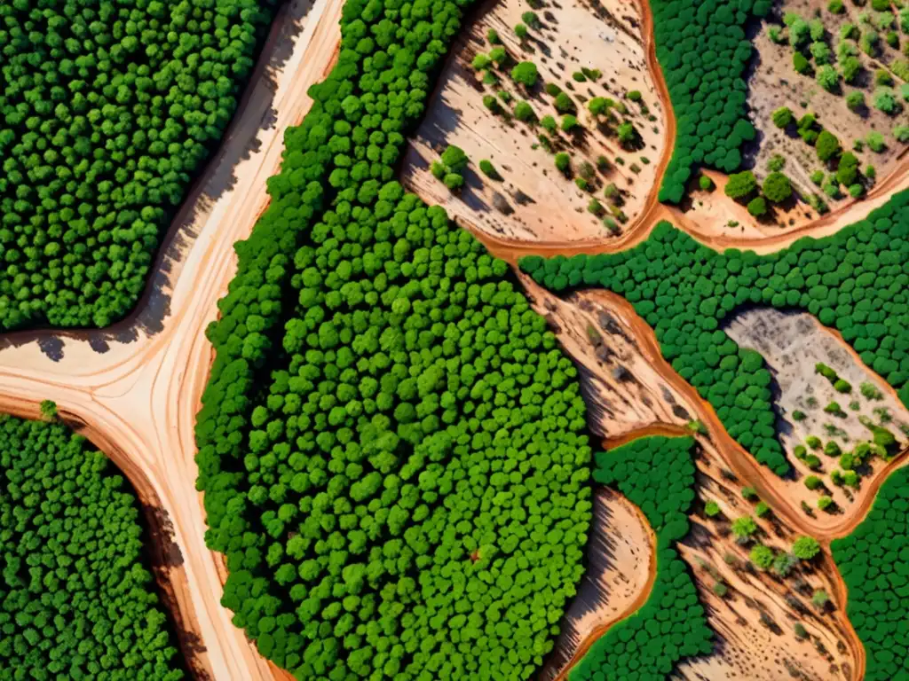 Imagen aérea de un bosque exuberante junto a un paisaje desolado, mostrando la influencia del Derecho Ambiental Corporativo en decisiones empresariales