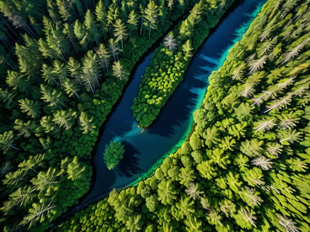 Imagen aérea de un bosque prístino con río cristalino y luz filtrándose entre los árboles