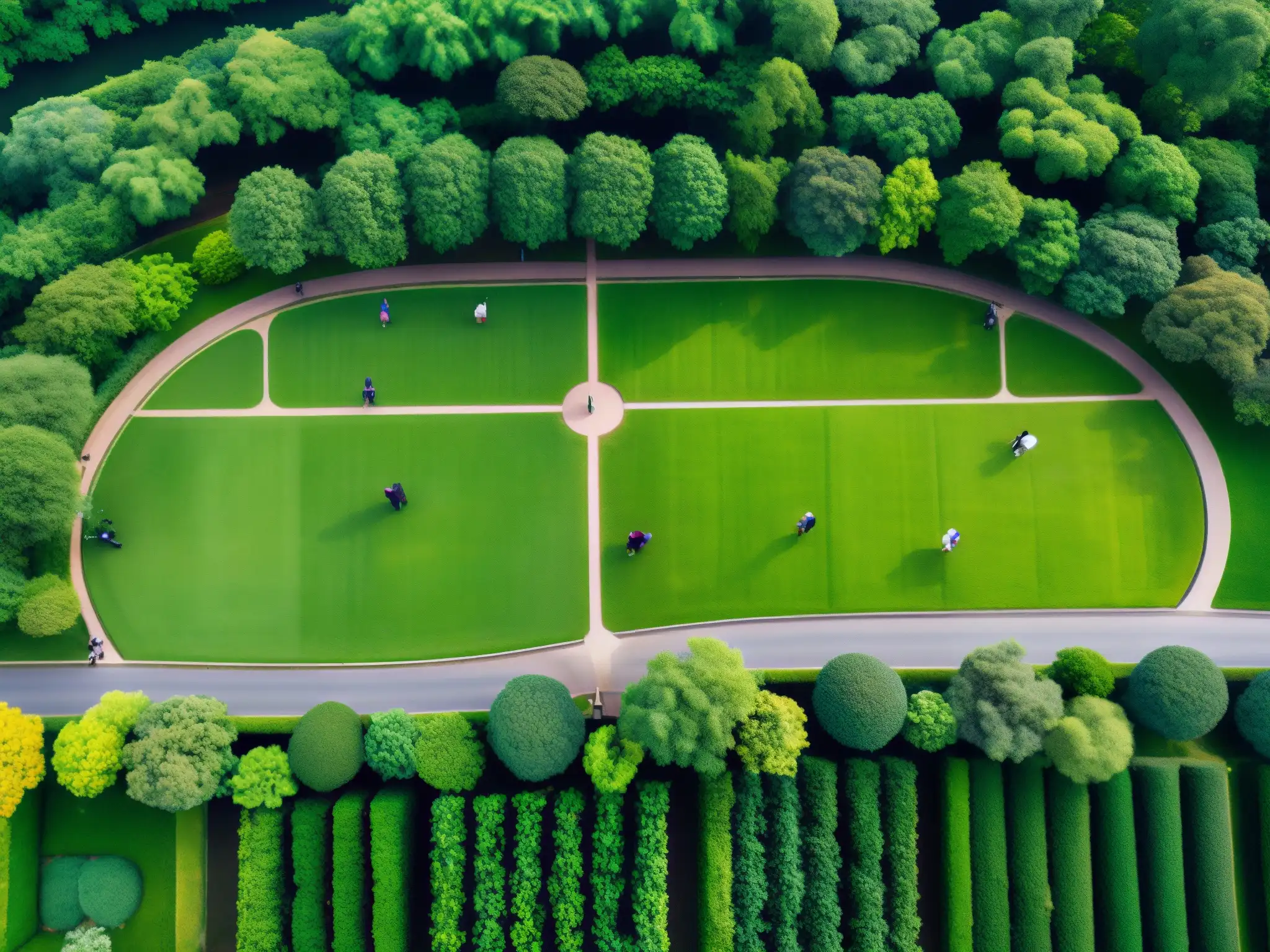 Imagen aérea de conflictos legales en espacios verdes, donde abogados discuten en un entorno natural sereno