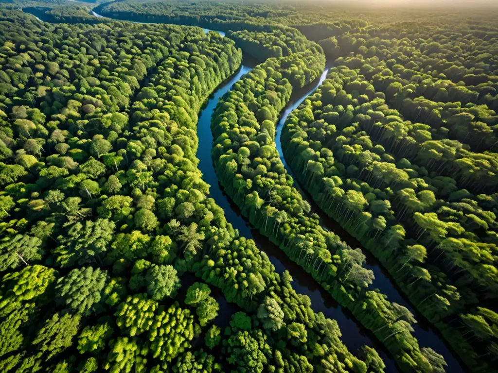 Imagen aérea de un denso bosque con luz solar filtrándose a través del dosel, resaltando la exuberante vegetación