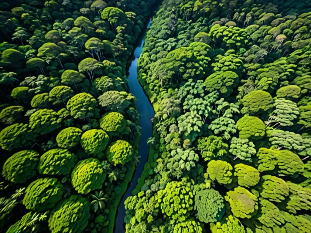 Imagen aérea deslumbrante de un exuberante bosque lluvioso en América del Sur, con una red de ríos resplandeciendo bajo el sol