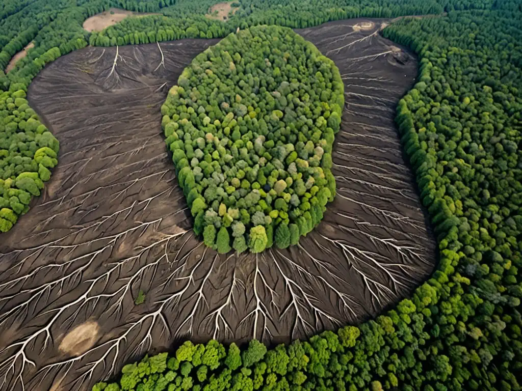 Imagen aérea de la devastación por deforestación, con un impactante contraste entre la exuberante vegetación intacta y el paisaje árido y desolador