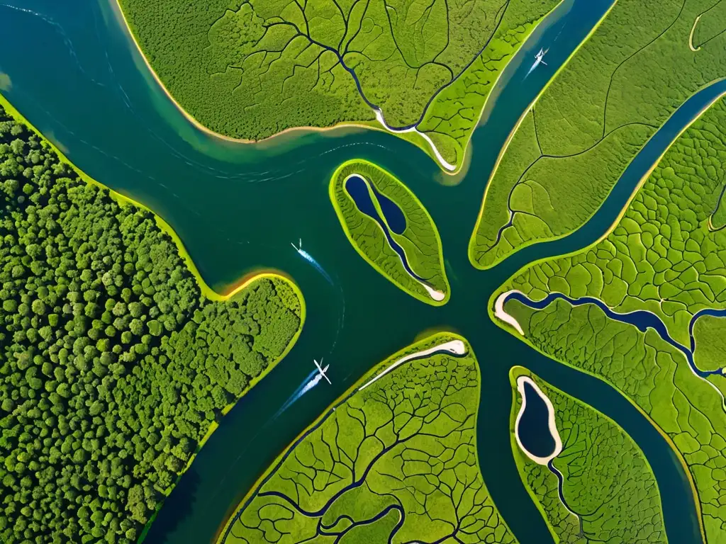 Imagen aérea de un extenso delta fluvial con redes de agua y exuberante vegetación