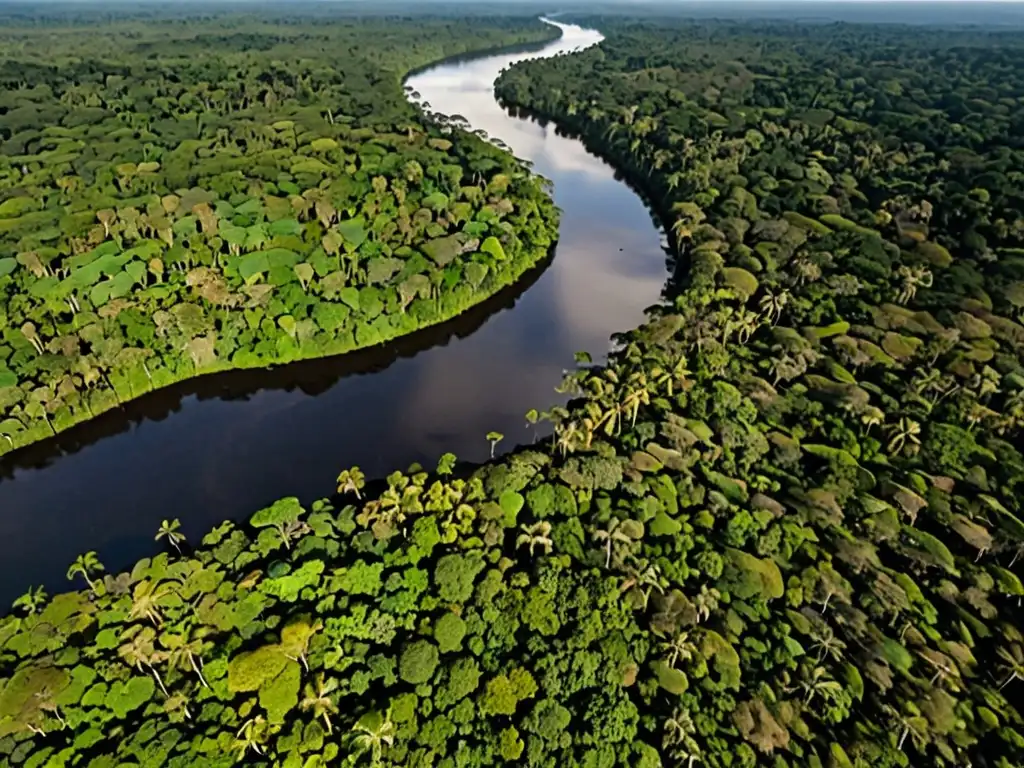 Imagen aérea de la exuberante y biodiversa selva amazónica, con luz solar filtrándose entre el dosel y un río serpenteante