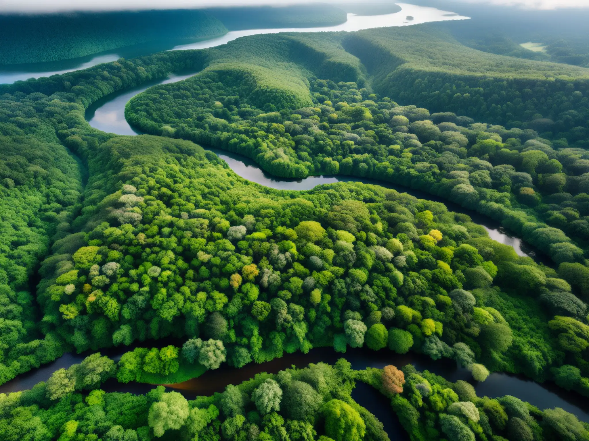 Imagen aérea de una exuberante y biodiversa selva con un variado dosel de árboles y un río serpenteante