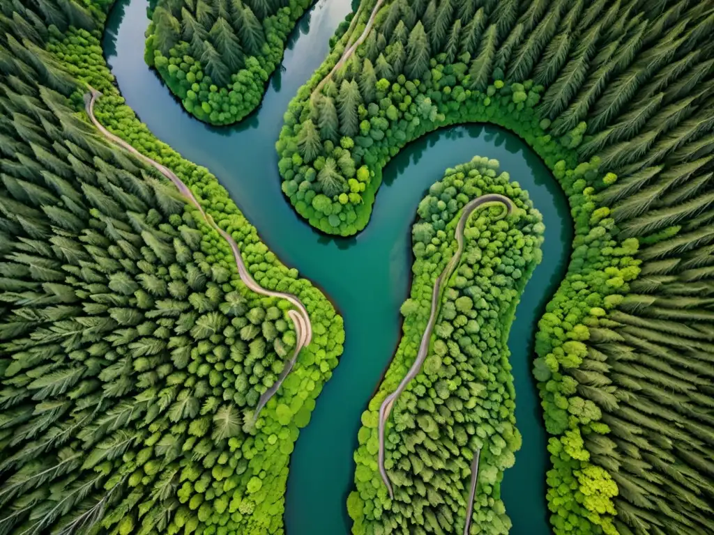 Imagen aérea de un exuberante bosque verde con un río serpenteante, destacando la integración de tecnología en educación ambiental