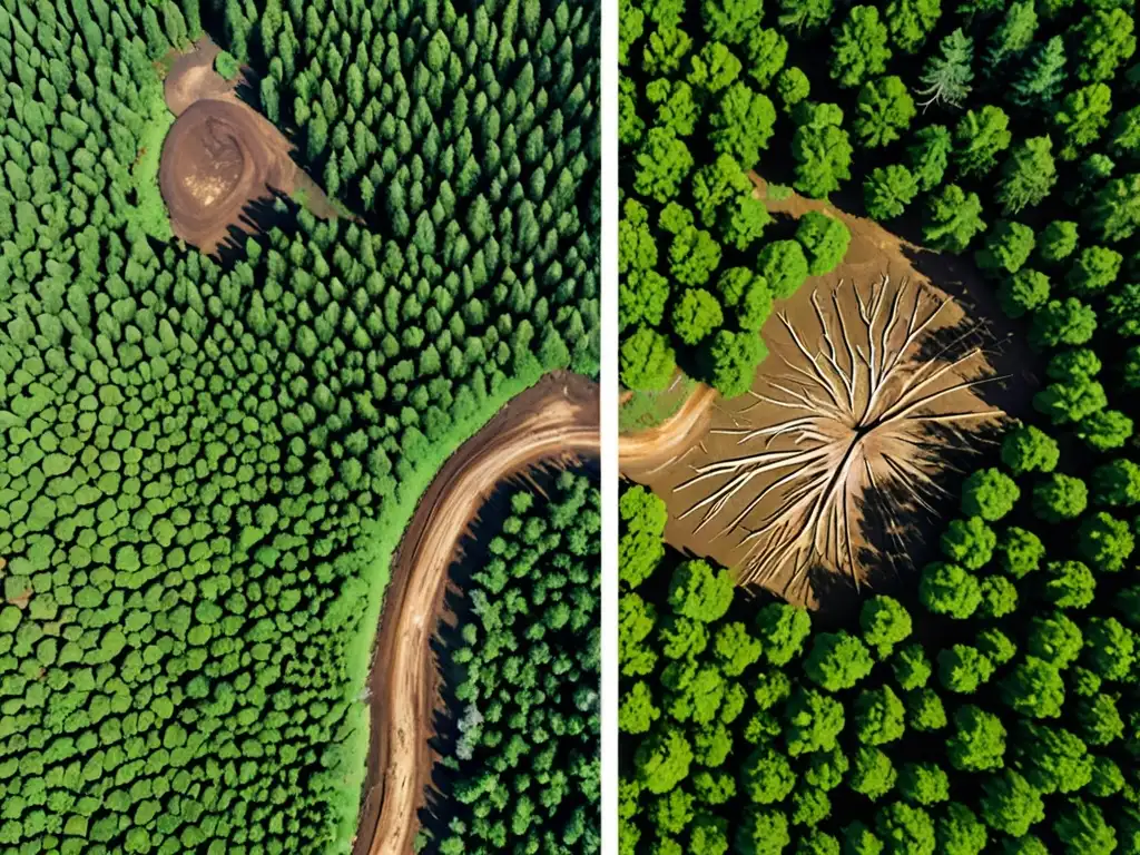 Una imagen aérea de alta resolución muestra un exuberante bosque y, junto a él, el mismo área deforestada, con tierra árida y troncos