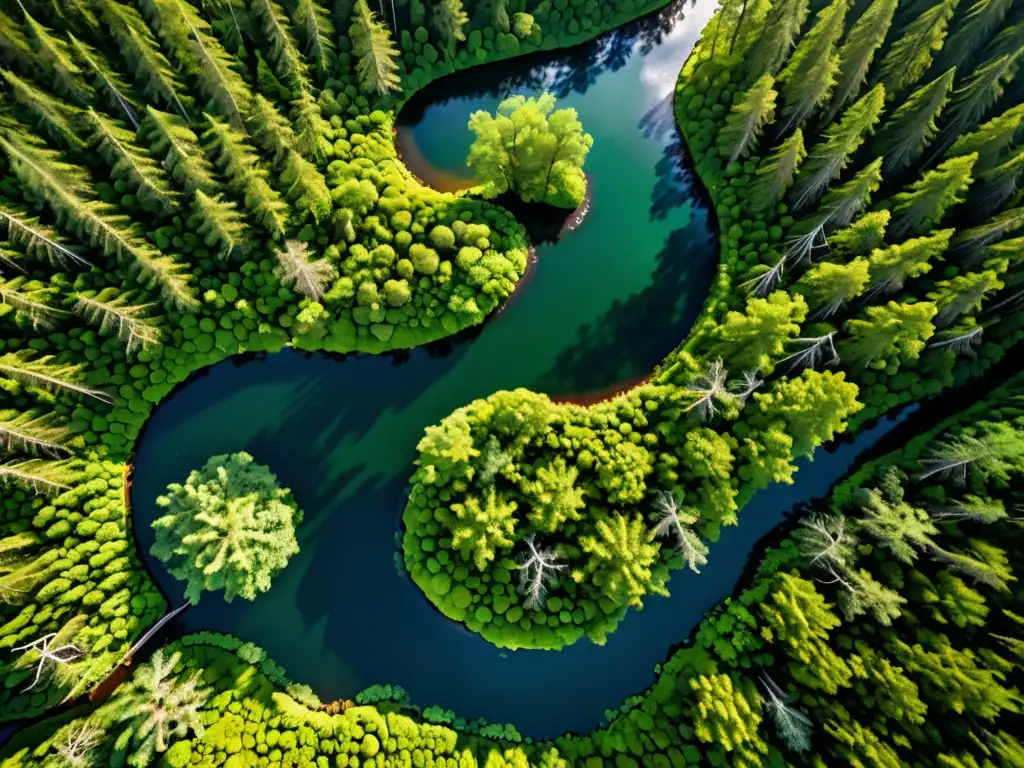 Imagen aérea de un exuberante bosque verde con un río serpenteante