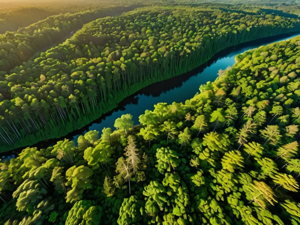 Imagen aérea de un exuberante bosque al atardecer, mostrando la vasta belleza de los sistemas de protección territorial ambiental