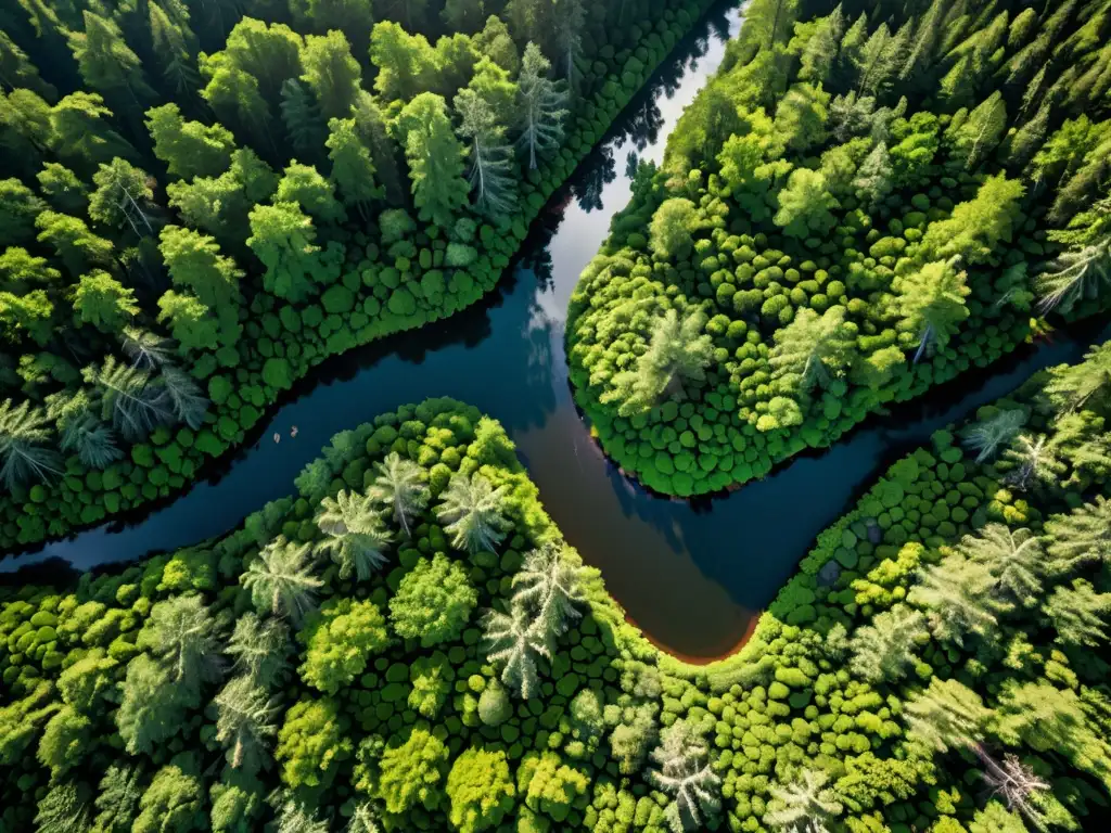 Imagen aérea de exuberante bosque verde con río