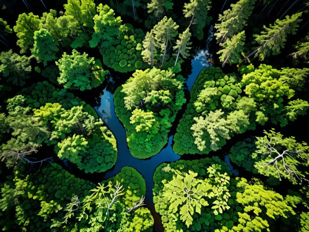 Imagen aérea de un exuberante bosque biodiverso con una red de árboles, plantas y arroyos