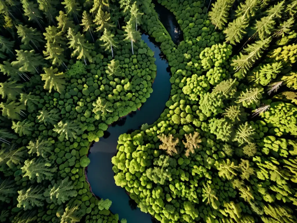 Imagen aérea de exuberante bosque con río serpenteante, reflejando cielo