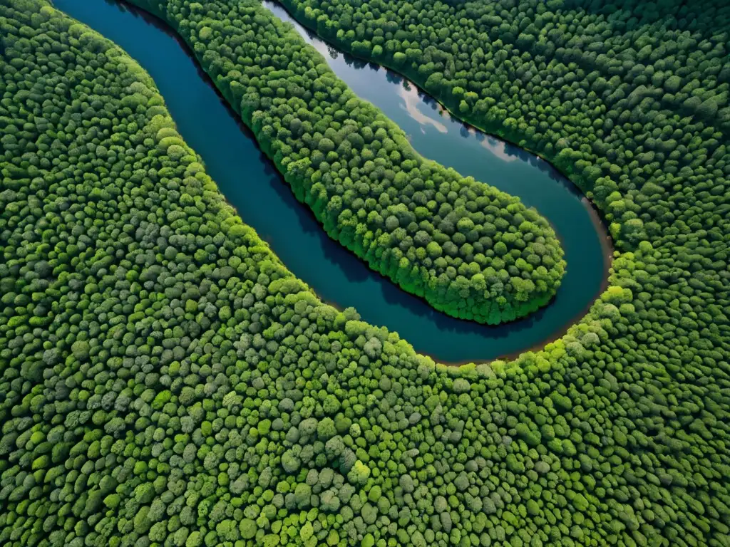 Imagen aérea de un exuberante bosque biodiverso con un río serpenteante