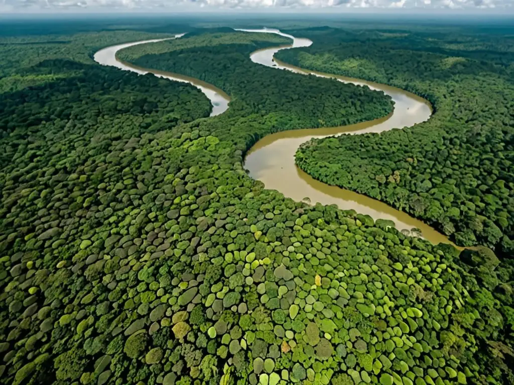 Imagen aérea de la exuberante selva amazónica con ríos serpenteantes y luz filtrándose a través del dosel denso