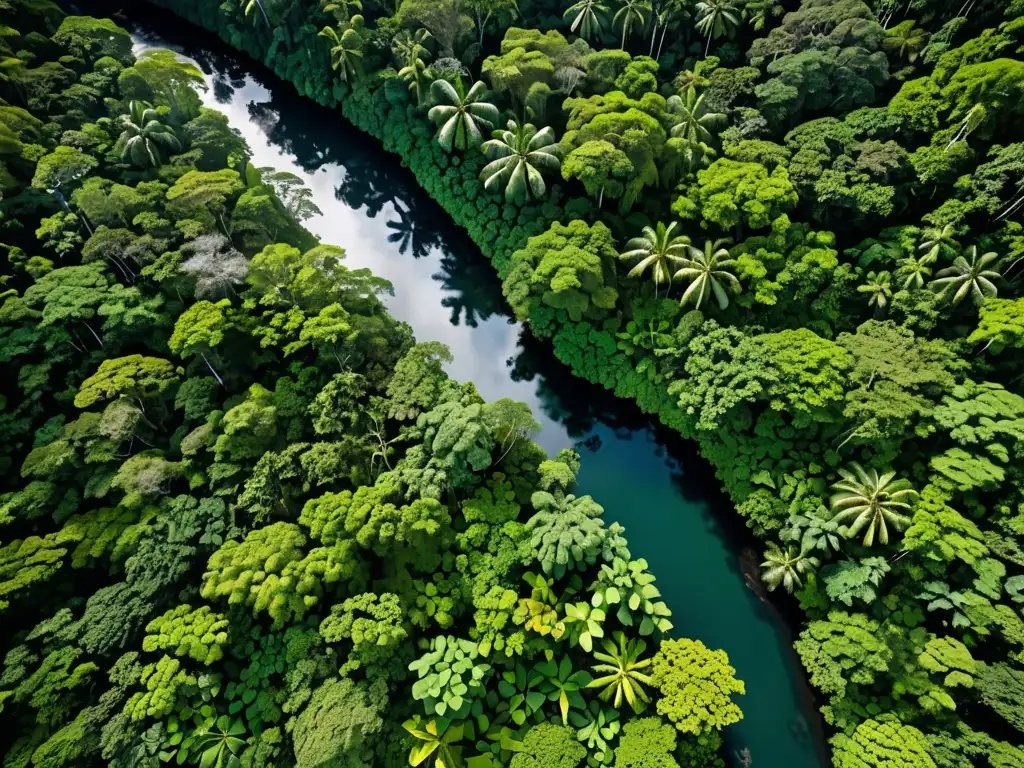 Imagen aérea de exuberante selva tropical, con diversa flora y fauna