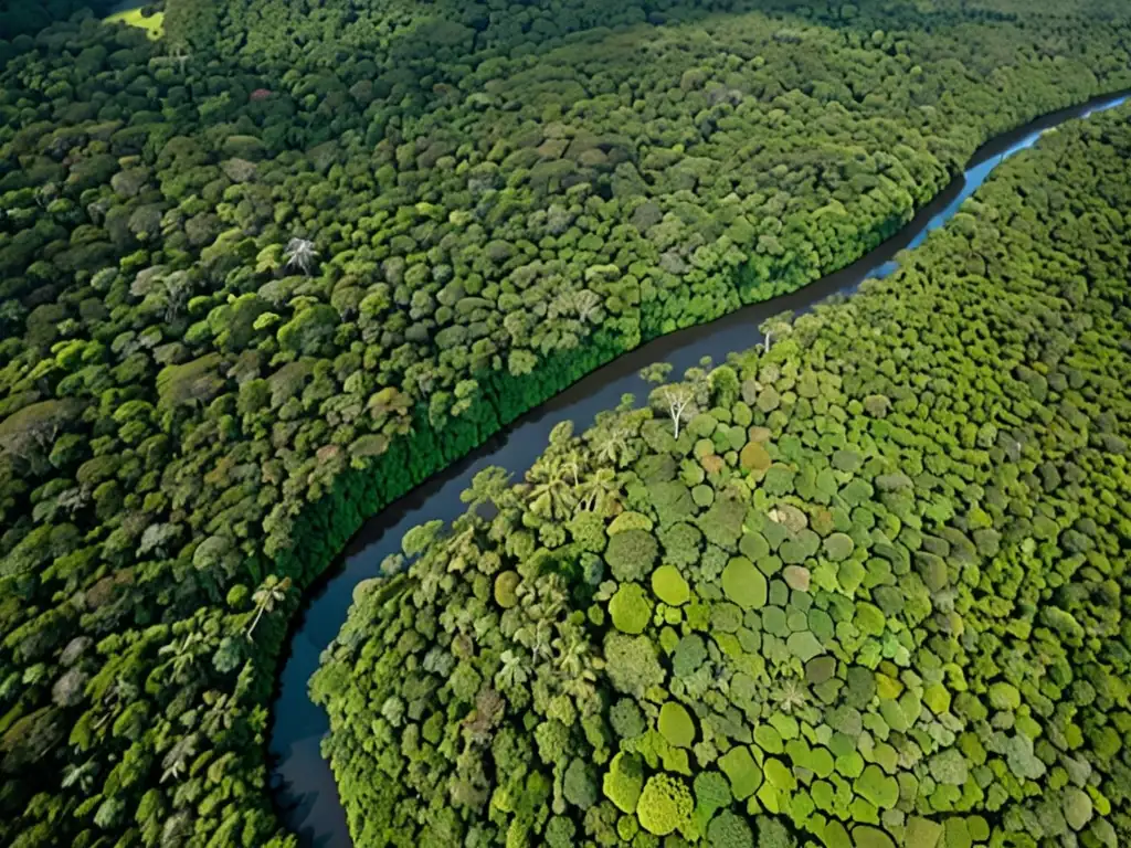 Imagen aérea de exuberante selva con ríos y asentamientos, resaltando la preservación de tierras indígenas y el derecho ambiental