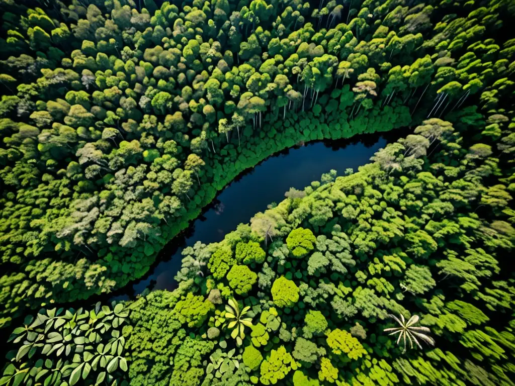 Imagen aérea de exuberante selva tropical, con ríos serpenteantes y comunidades indígenas