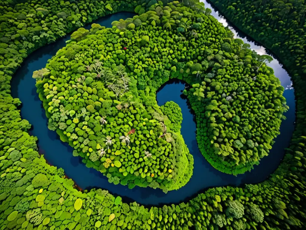 Imagen aérea de exuberante selva con río serpenteante