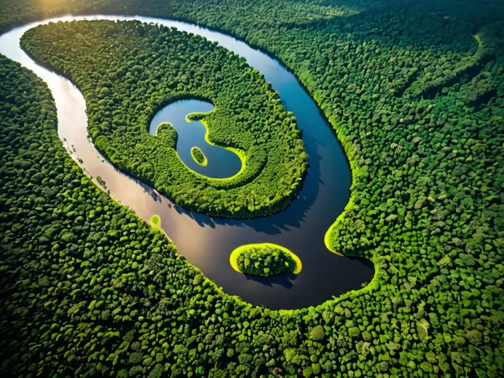 Imagen aérea del río Amazonas serpenteando entre exuberante selva verde en América del Sur