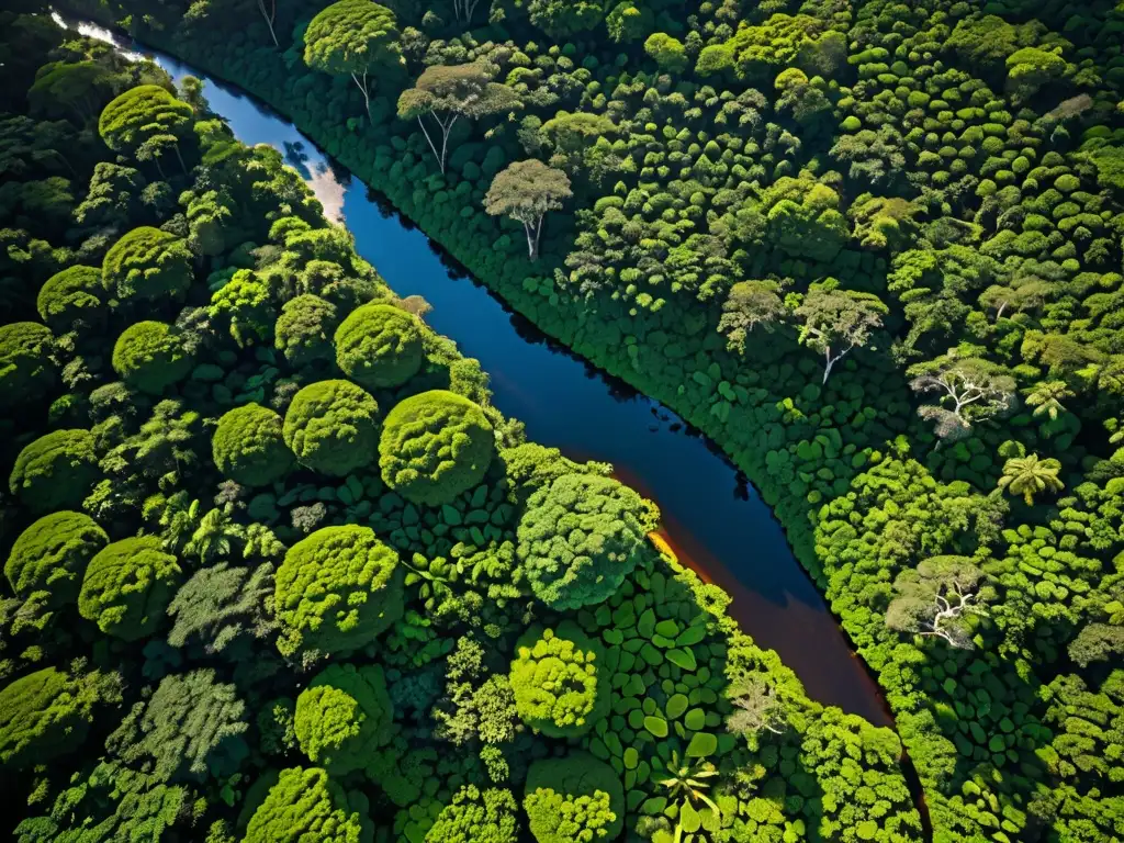 Imagen aérea de exuberante selva africana, con diversidad de árboles y ríos serpenteantes