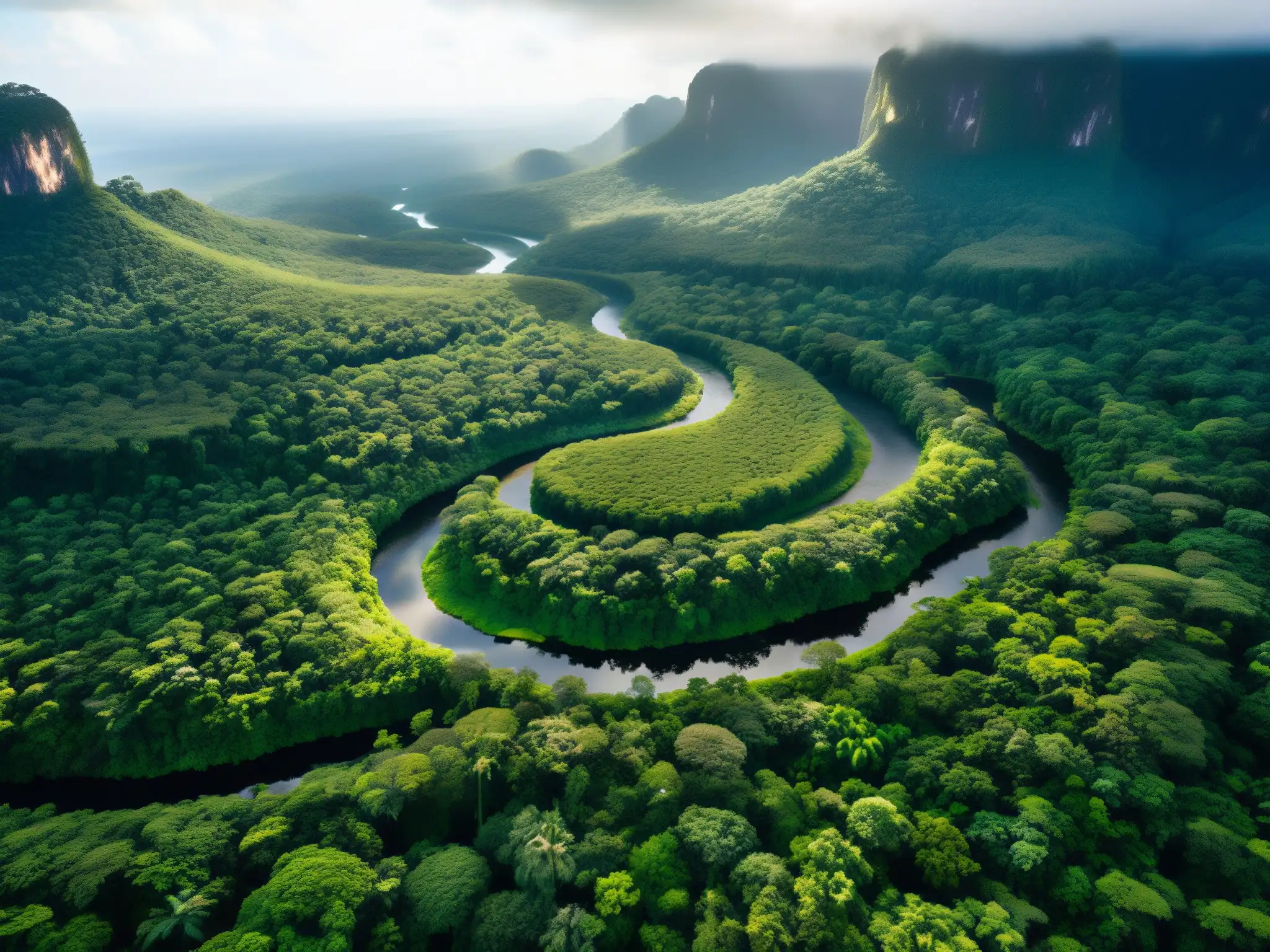 Imagen aérea de exuberante selva tropical con río serpenteante