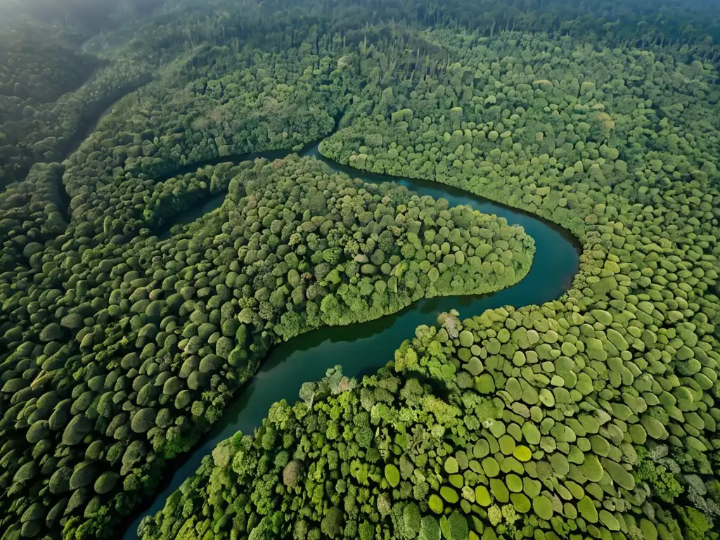 Imagen aérea de la exuberante selva de Indonesia, con río serpenteante y diversidad de árboles