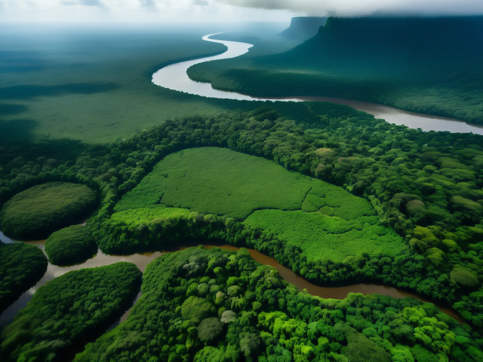 Imagen aérea de la exuberante selva amazónica, con un mosaico de vegetación verde y ríos que reflejan la luz del sol