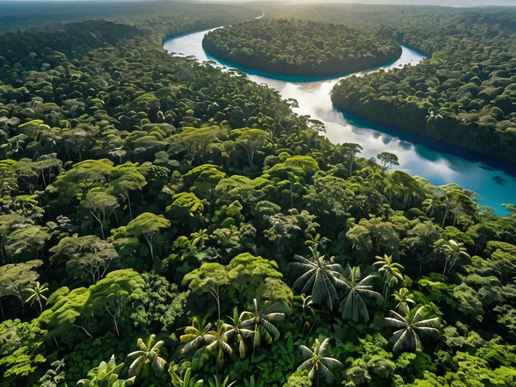 Imagen aérea de exuberante selva tropical, con biodiversidad y luz solar entre el dosel