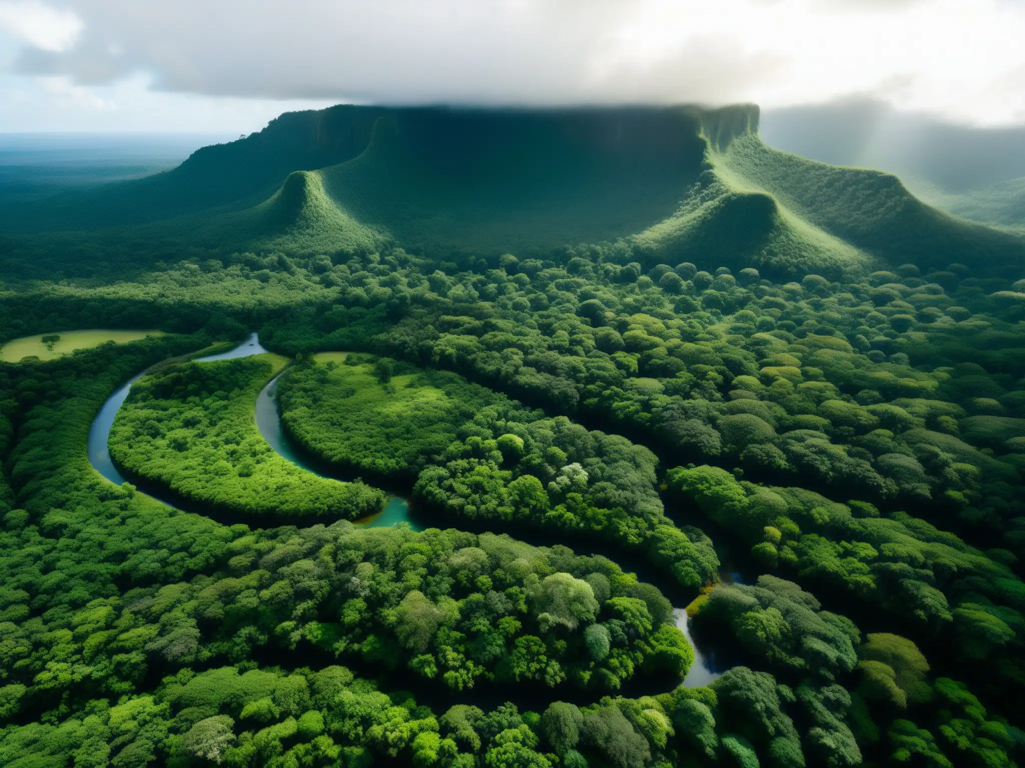 Imagen aérea de exuberante selva tropical con diversa vida silvestre