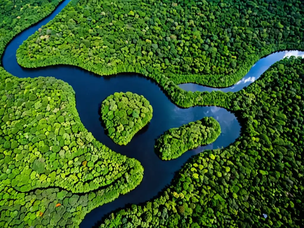 Imagen aérea de la exuberante selva amazónica, con su densa vegetación, ríos serpenteantes y tonos verdes diversos