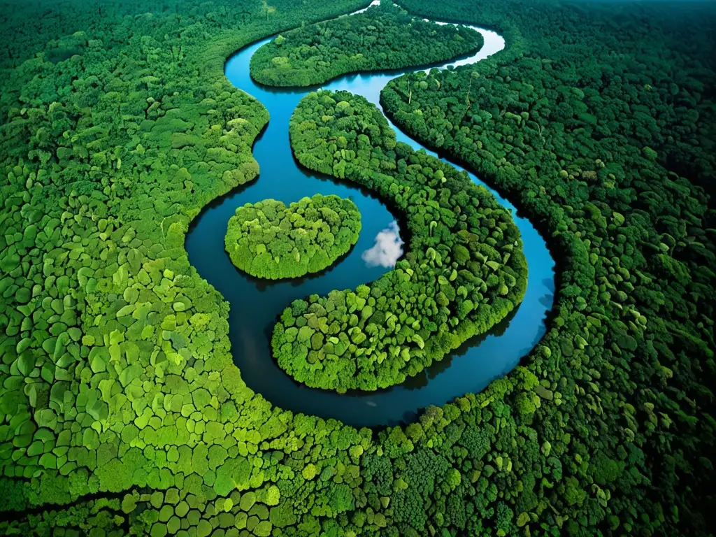 Imagen aérea de la exuberante selva amazónica, con su vasto dosel verde y red de ríos