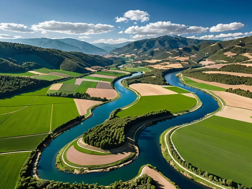 Imagen aérea impactante de la campiña española con campos verdes, río serpenteante y montañas nevadas