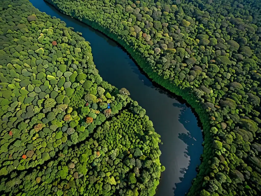 Imagen aérea impactante de la exuberante selva amazónica, con río serpenteante y diversa vida animal y vegetal