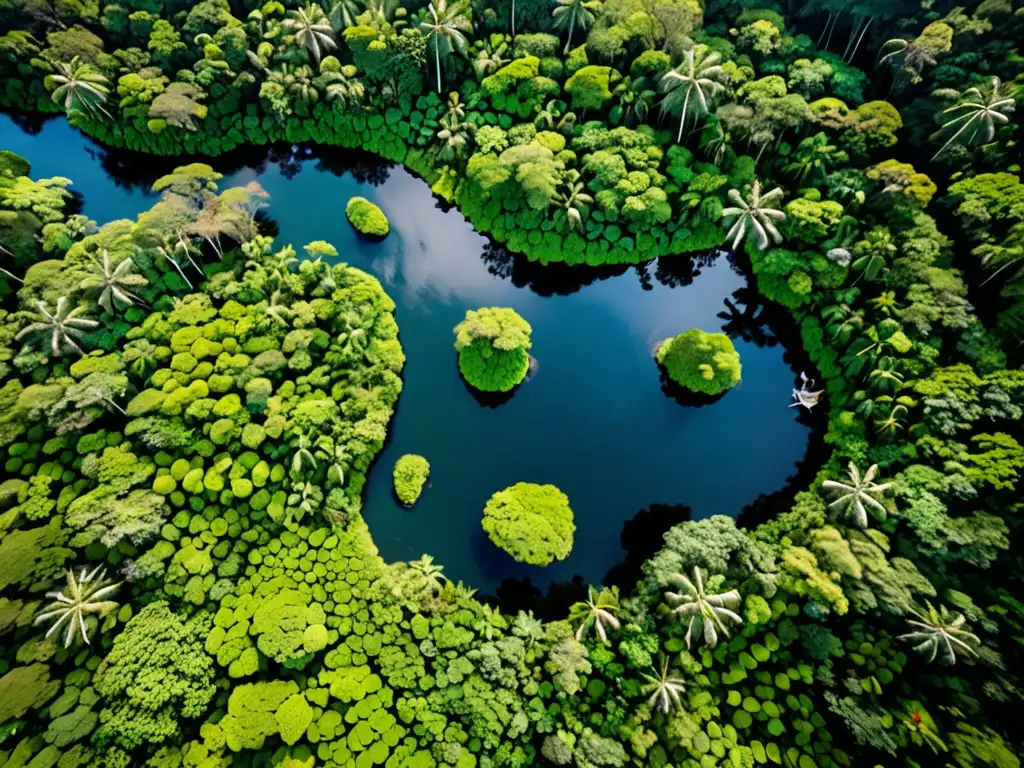 Imagen aérea impactante de un exuberante y vibrante bosque lluvioso con diversidad biológica, un río cristalino serpenteando entre el follaje