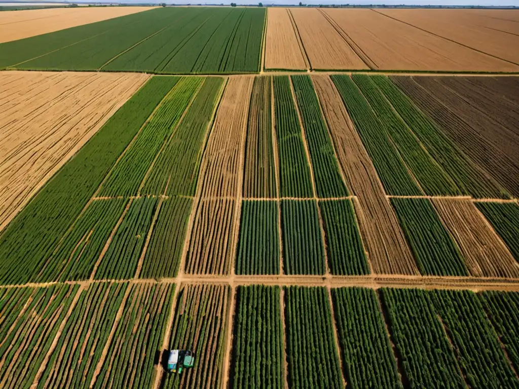 Imagen aérea impactante del sector agrícola, mostrando campos organizados y maquinaria, reflejando el impacto de los mercados de carbono