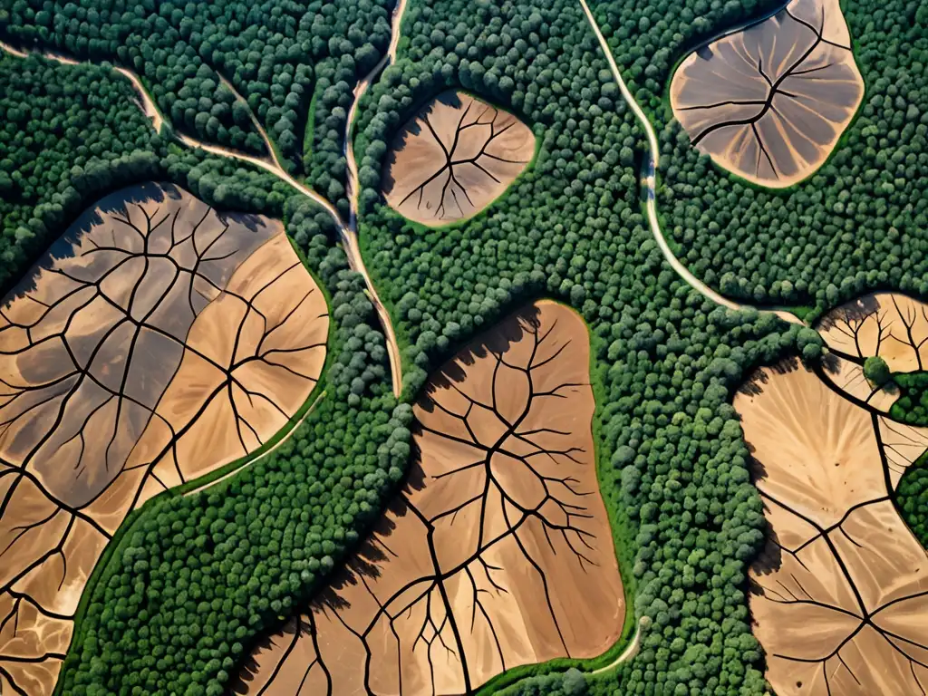 Imagen aérea impactante de vasta deforestación con contrastes entre tierra desolada y áreas verdes restantes