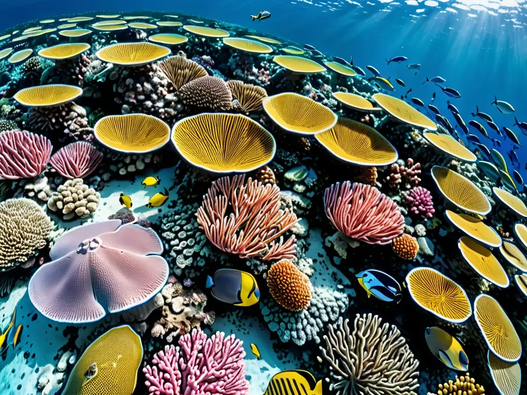 Imagen aérea de impresionante área de conservación marina con coral vibrante, aguas cristalinas y diversa vida marina