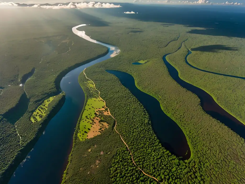 Imagen aérea impresionante de un extenso y exuberante parque nacional en África, resaltando su diverso ecosistema y la vida silvestre protegida